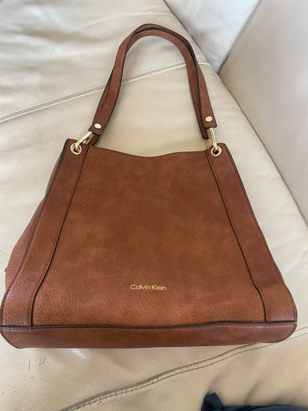 Calvin Klein Reyna Cognac Brown Learher Triple Compartment Shoulder Tote / Hobo